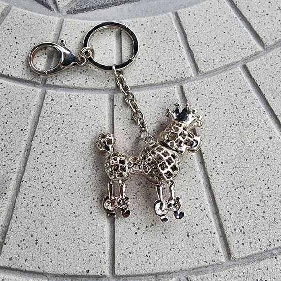 Silver Tone Crown Rhinestone Studded Poodle Princess Keychain Bag Charm - Picture 5 of 7